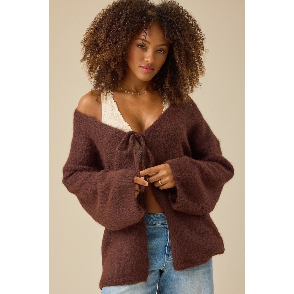 Altard State Chocolate Brown Fuzzy Tie Front Cardigan Sweater Size XS‎